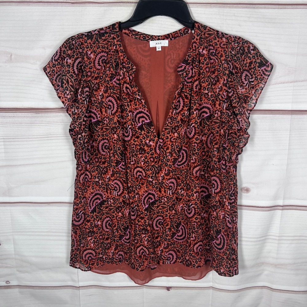 A.L.C. Blouse Women 14 Red Floral Print Silk V-Neck Flutter Sleeve Chiffon Top